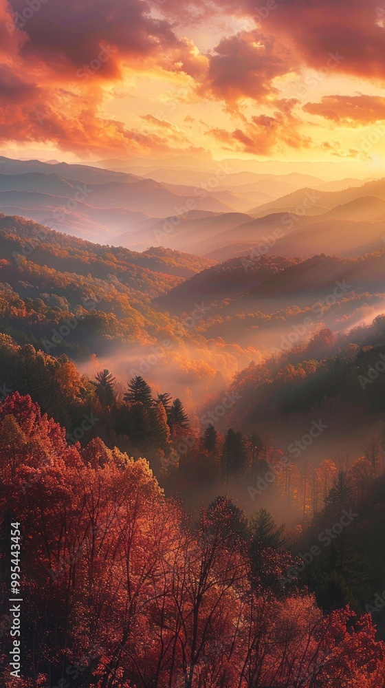 Poster a beautiful mountain range with a sunset in the background