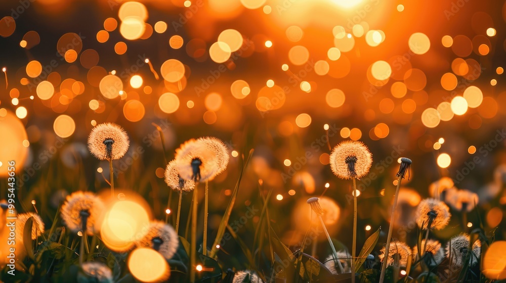Poster field of dandelions with abstract glowing lights in the background