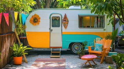 A vintage travel trailer parked at a retro-style campground with colorful decor