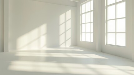 Empty white studio room with sunlight casting shadows suitable for design purposes