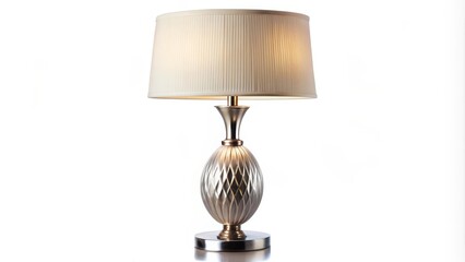 Modern style table lamp is turned on illuminating a pure white background