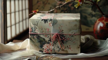 Traditional Korean gift box with a silk backdrop
