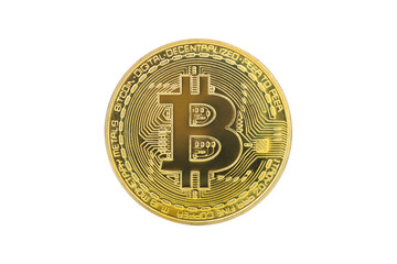 Bitcoin, Golden bitcoin a digital currency, operates on a decentralized system with transactions recorded and new units created without central authority. Isolated on white background