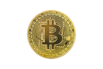 Bitcoin, Golden bitcoin a digital currency, operates on a decentralized system with transactions recorded and new units created without central authority. Isolated on white background