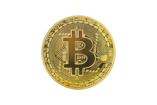 Bitcoin, Golden bitcoin a digital currency, operates on a decentralized system with transactions recorded and new units created without central authority. Isolated on white background