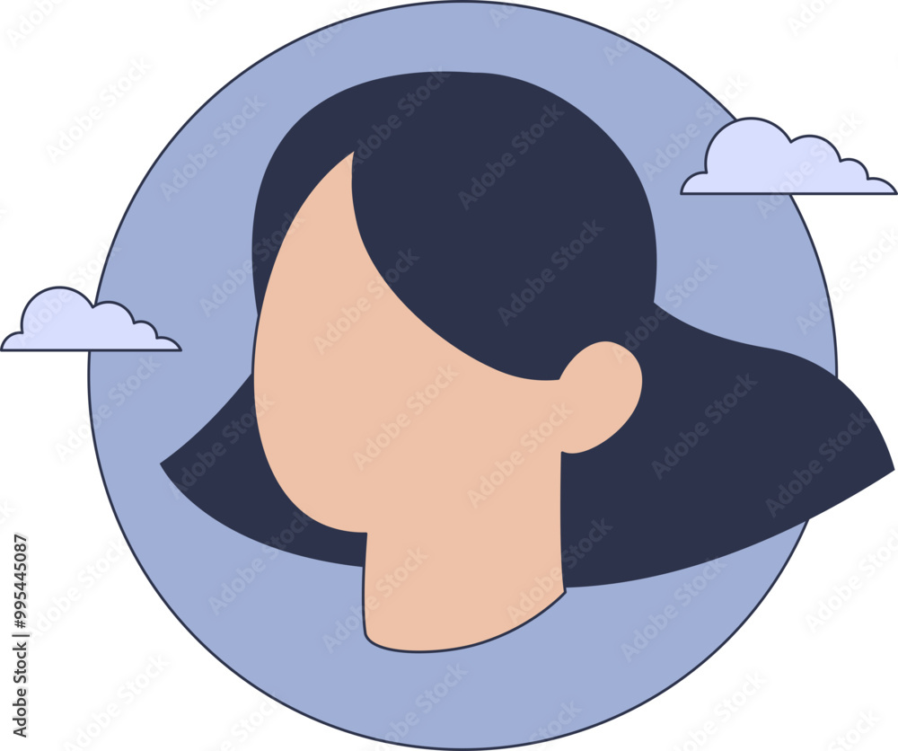 Poster a serene face encapsulated within a circle, surrounded by clouds, symbolizing calmness and tranquili