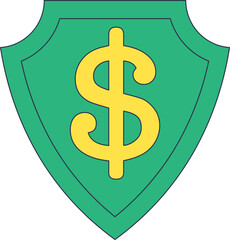 A blue shield with a green dollar sign in the center, symbolizing financial protection and security.