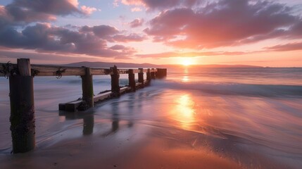 Fototapeta premium Stunning beach scene at sunset with natural jetty frame taken with long exposure