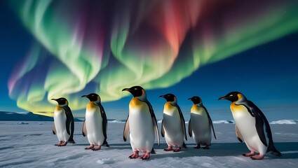 Obraz premium This breathtaking image captures the beauty of penguins standing on the icy landscape, set against the magical backdrop of the Northern Lights.