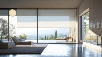 Automated window coverings enhance modern interiors, providing convenience and comfort:

* Motorized blinds offer effortless control, while large solar shades block the sun