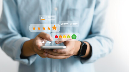 Online customer satisfaction survey service concept. User give Rate service from experience....