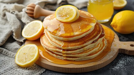 Stock image of traditional American pancakes with lemons on a wooden board on gray backdrop