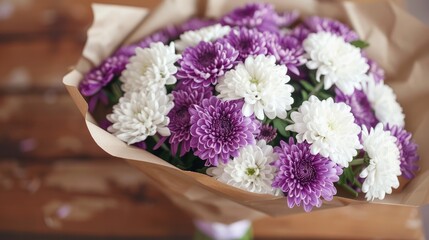 Fresh white and violet chrysanthemums bouquet on table in craft paper ideal for advertising flower shop