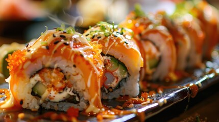 High end dining experience at a seafood restaurant offering deluxe sushi rolls and gourmet snacks