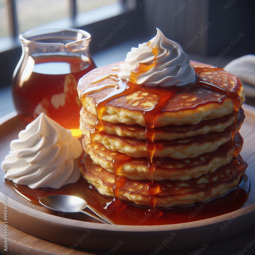 Poster A towering stack of pancakes topped with whipped cream and generously drizzled with syrup. This image exudes the warmth and comfort of a perfect brunch, making it ideal for showcasing delicious