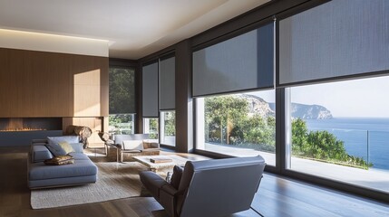 Automated window coverings enhance modern interiors, providing convenience and comfort:

* Motorized blinds offer effortless control, while large solar shades block the sun
