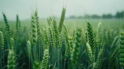 Fototapeta premium Field of green wheat and overcast weather