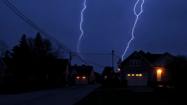 A bolt of lightning dramatically strikes a rooftop lightning rod in a suburban neighborhood. The flash illuminates the surrounding houses briefly, creating an intense and atmospheric scene under a