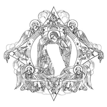 recommend clip art: Angel. Religious dome with apostles and angels in sky. Coloring page in Byzantine style