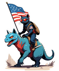 Fototapeta premium anime samurai ninja cute cat ride a dinosaur wearing sunglasses retro vintage with american flag