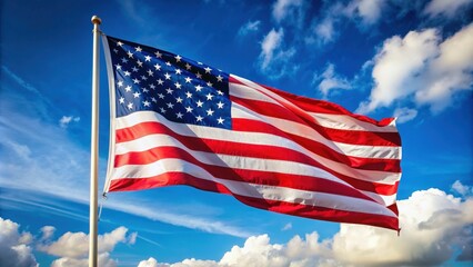 Fototapeta premium American flag waving in the wind with blue sky background, patriotic, stars and stripes, United States