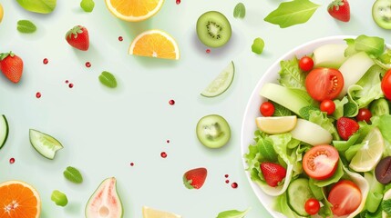 Naklejka premium Healthy lifestyle background with fruit and vegetable salad Diet and fitness idea