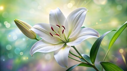 Beautiful white lily is blooming on a blurred green background with bokeh