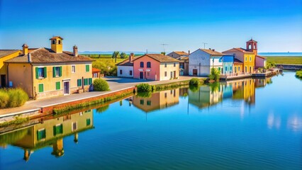 Obraz premium Panoramic view of the Comacchio lagoon in Italy under a vibrant blue sky with country houses in the background