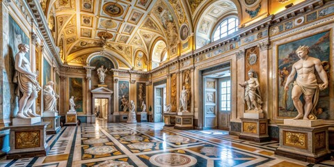 Interior view of the Borghese Gallery in Rome, Italy showcasing ancient art sculptures and paintings, Rome