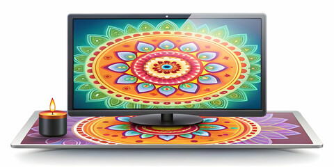 Fototapeta premium Flat Holographic Bhai Dooj Rangoli Design with TV on White Background � Close-Up Shot of Glowing Elements for Creative Space