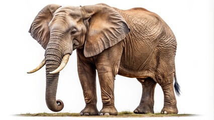 Fototapeta premium Large male african elephant walking forward on grass with flapping ears and white background