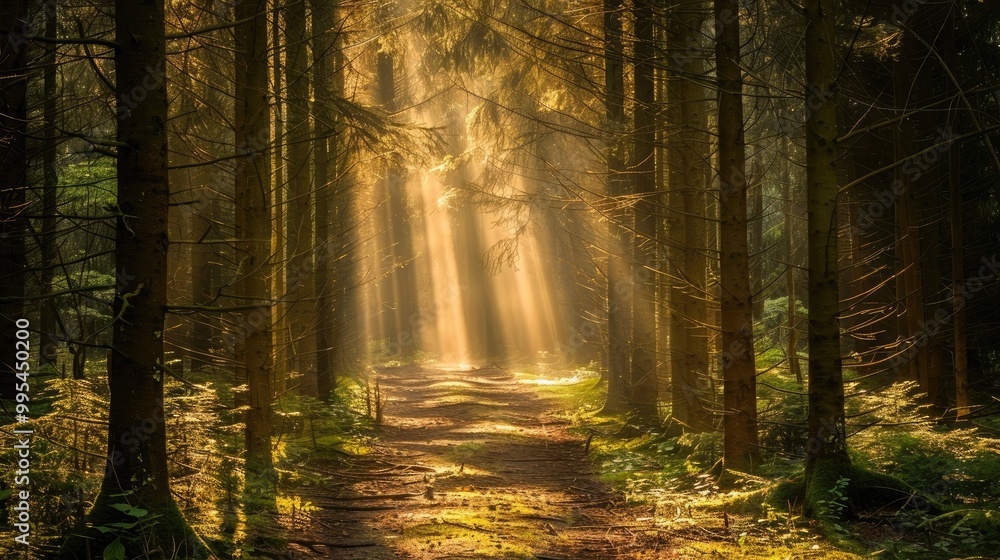Poster sunlight filters through pine forest casting light on path