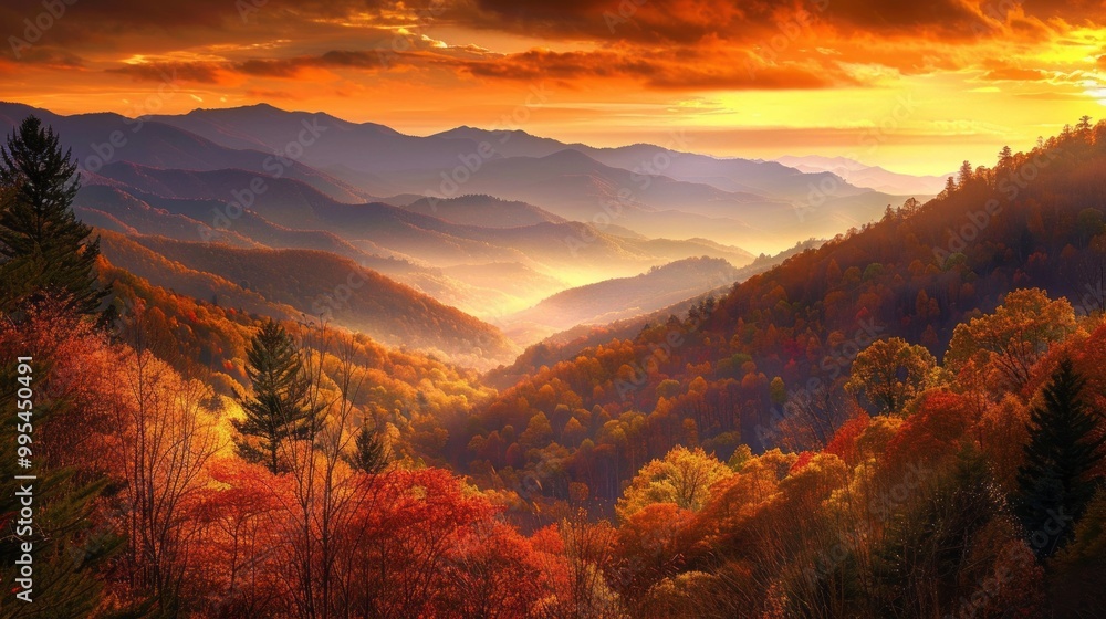 Poster a beautiful mountain range with a sunset in the background