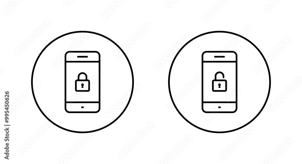 Poster lock and unlock on phone screen icon on circle line. cellphone with padlock concept