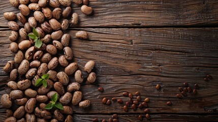 Top view background of wooden table with pinto beans