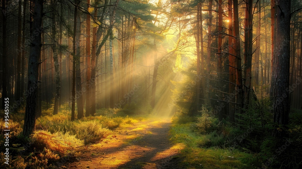 Poster sunlight filters through pine forest casting light on path