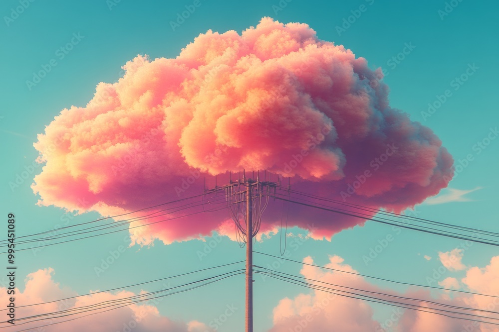 Poster glowing pink and orange cloud resembling a tree symbolizing creative cloud computing data storage an