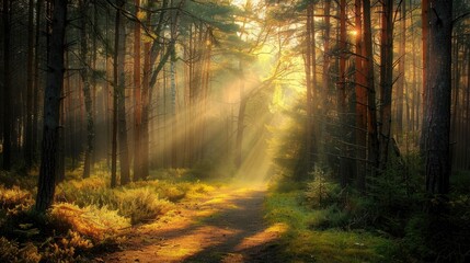 Obraz premium Sunlight filters through pine forest casting light on path