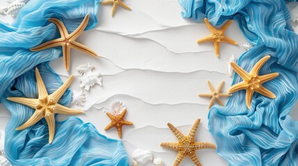 Summer beach background with blue shawl and starfish on white panel top view border design