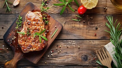 Top view of pork steak in a home food setting on wooden background