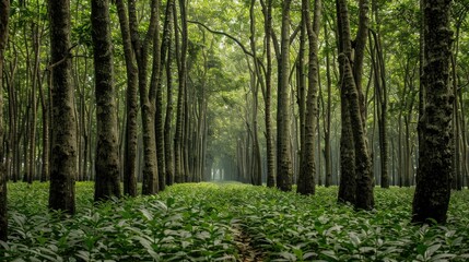 Teak tree forest adorned with green plants