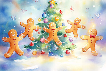 Watercolor illustration of cheerful gingerbread men dancing around a decorated Christmas tree with snowflakes and festive lights