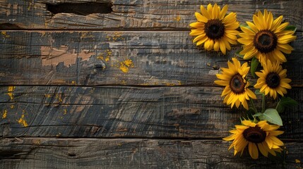 Sunflowers on aged table replaced by sunflowers on wooden surface with room for text
