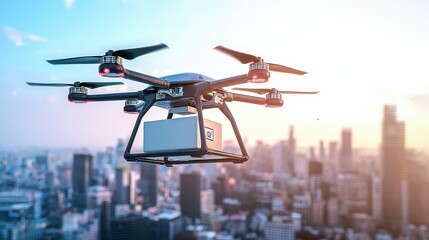 A drone is flying over a city with a box on its belly