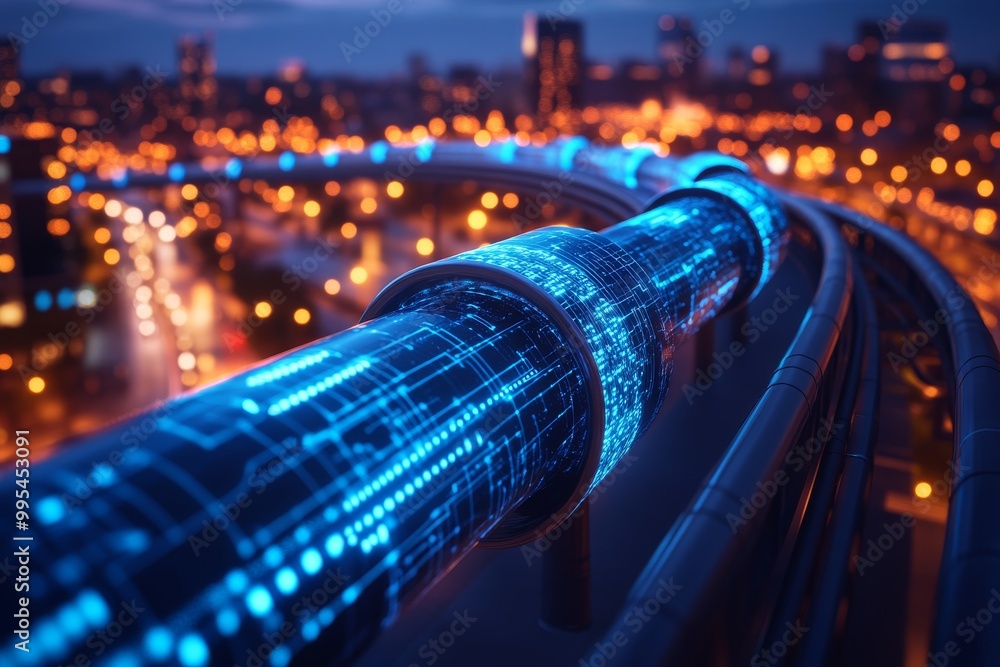 Poster digital data cable glowing in the city at night representing secure data transmission fast connectiv