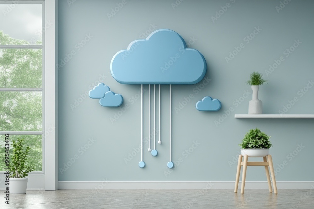 Poster cloud shaped wall decor in minimalist room symbolizing cloud computing virtual data storage and mode