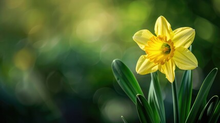 Obraz premium Isolated yellow daffodil with green background in close up