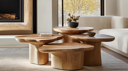 multiple beige  bunching tables made from wood in modern meeting room
