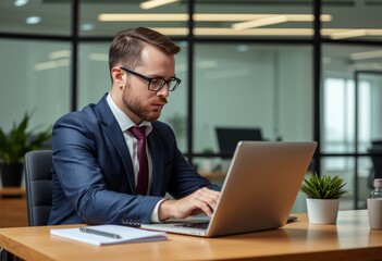 Businessman performing quality assurance checks on laptop comput