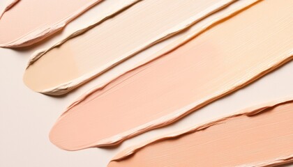 A close-up of beige-toned concealer and foundation swatches, with creamy peach lipstick swatches beside them, neatly arranged.